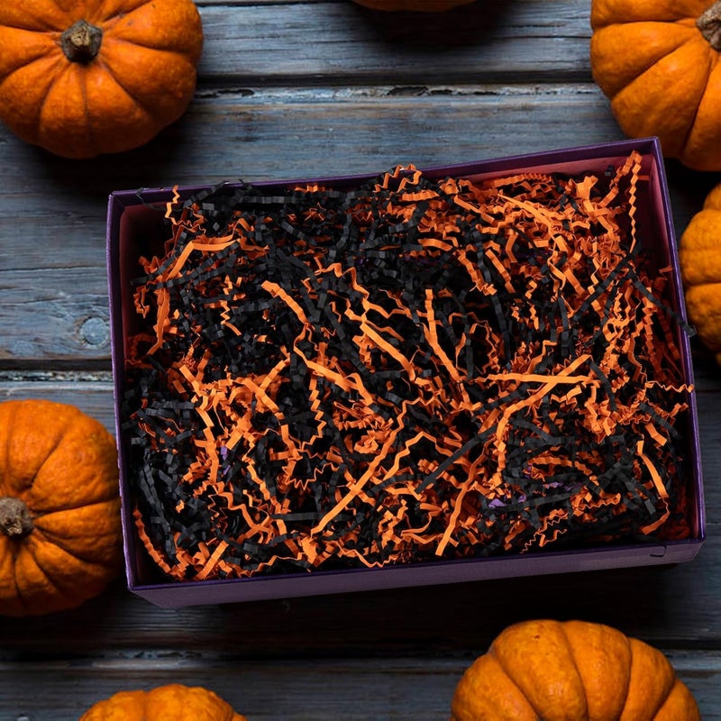 Gloreyan 1LB Halloween Crinkle Cut Paper Shred, Black Orange Raffia Paper Sherd Filler Grass with Pumpkin Confetti for Gift Wrapping Basket Filling Halloween Birthdays Weddings Party Supply - Image 3